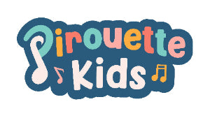 Colorful logo for 'Pirouette Kids' with musical notes on a white background