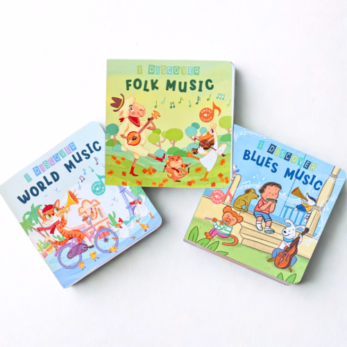 Three children's music  books on a white background, each with colorful illustrations and text about different music genres.