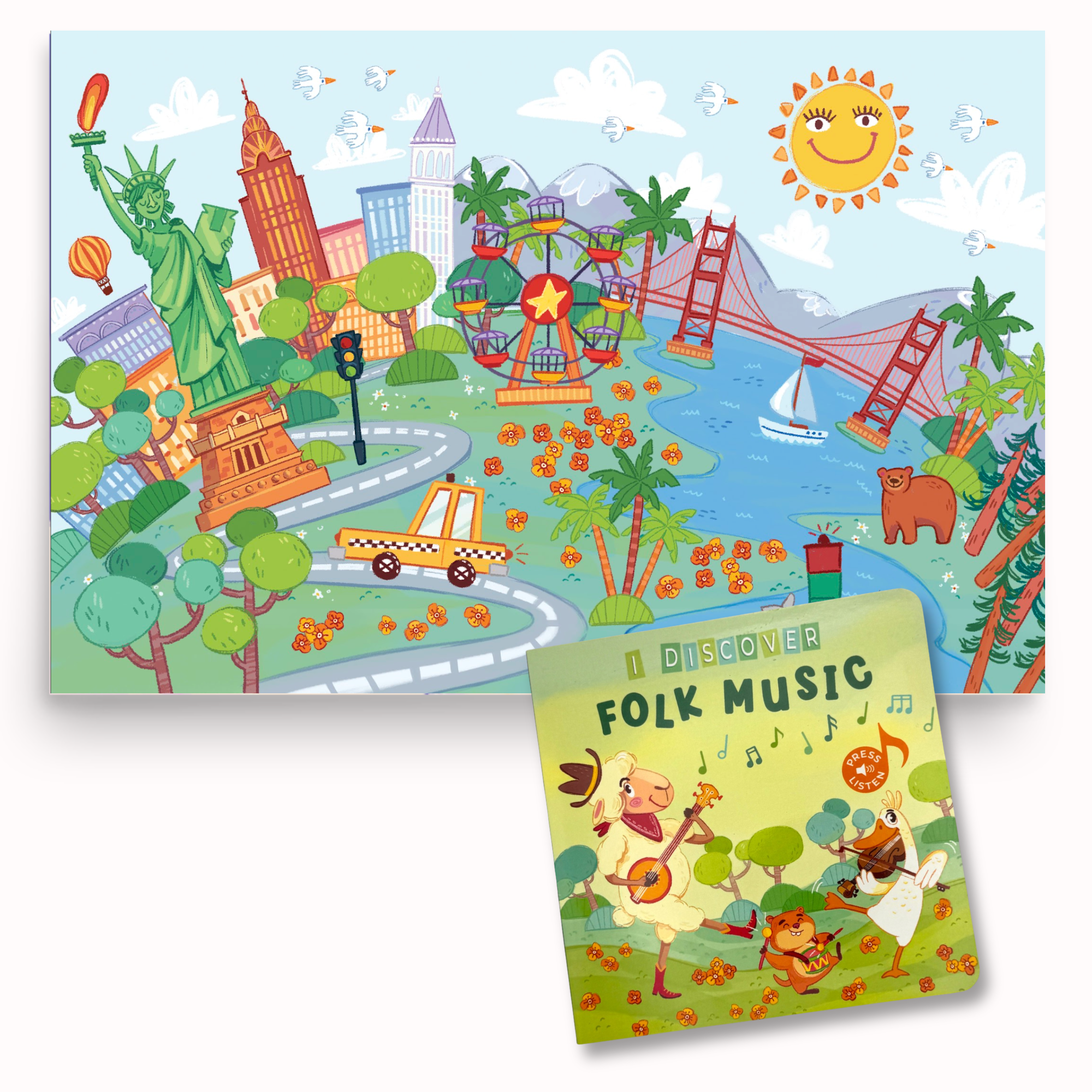 gift set containing the Children's book titled 'I Discover Folk Music' with a colorful illustration of a cityscape in the background.