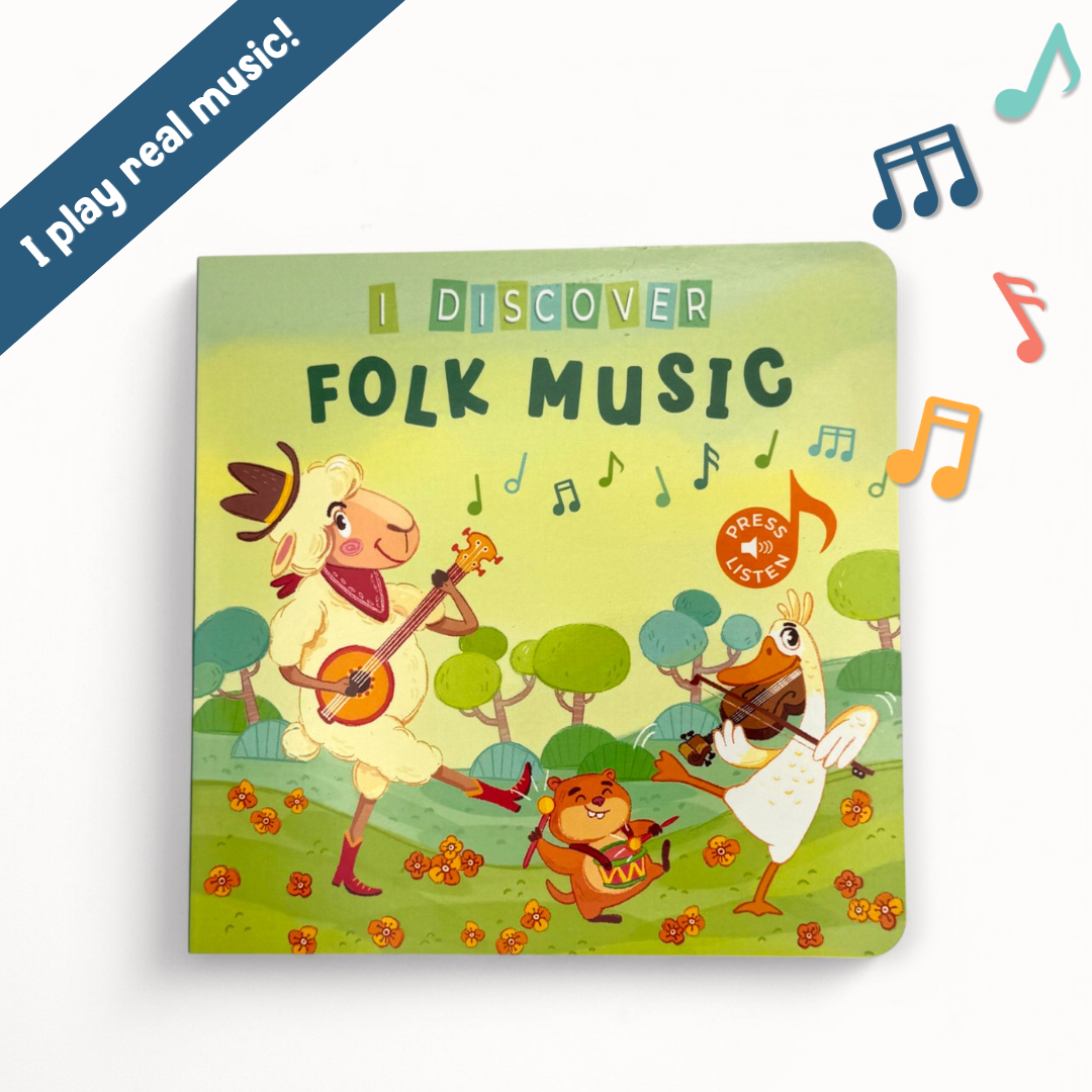 Children's book titled 'I Discover Folk Music' with cartoon animals playing instruments on a green background.