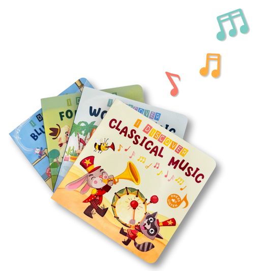 Children's books on classical music by Pirouette Kids with colorful covers and musical notes on a white background