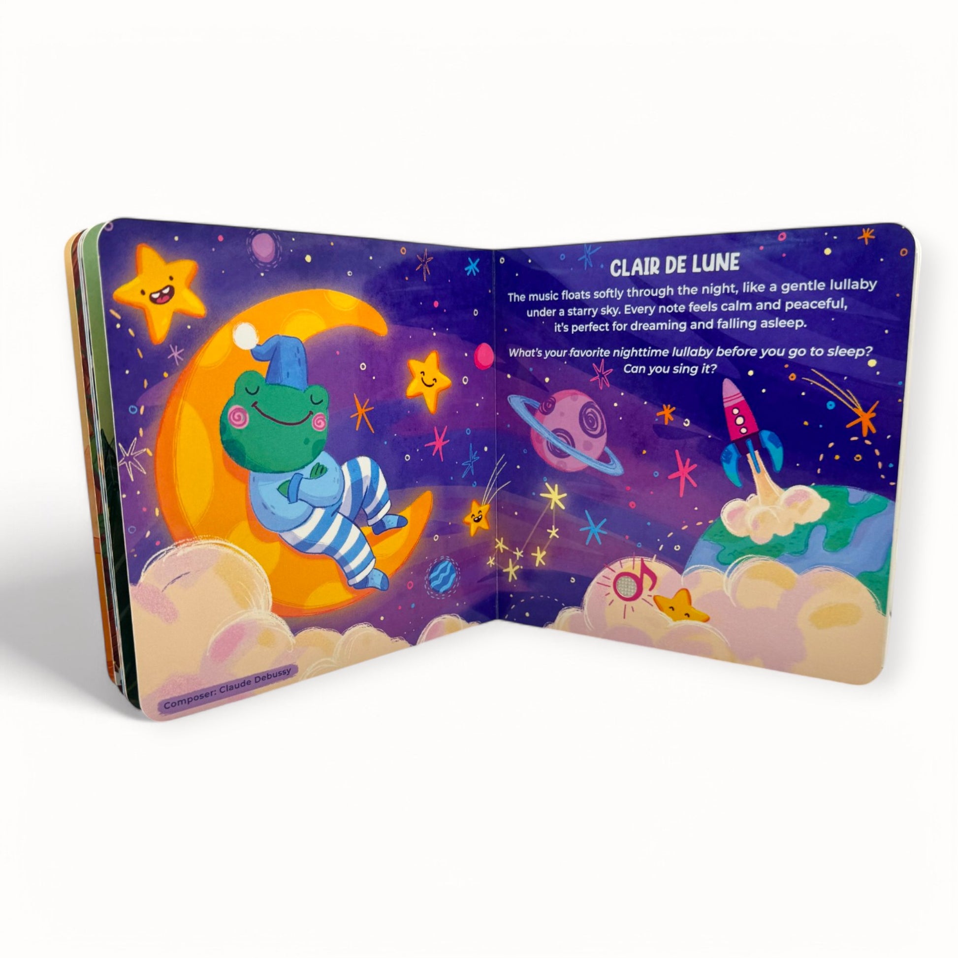Illustrated page of Clair de Lune by Chopin from "I discover Classical Music "interactive music book for babies and toddler