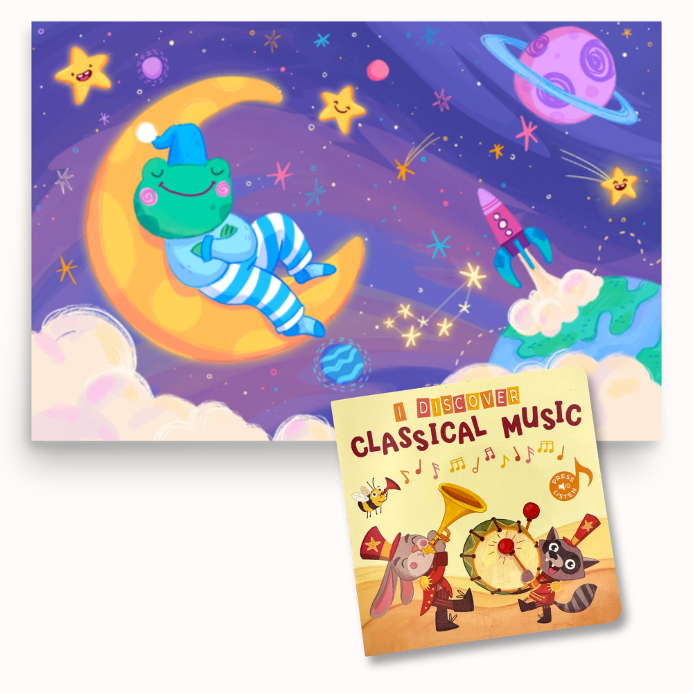 Children's book cover with a frog character on a crescent moon, space-themed background, and a separate classical music book cover.