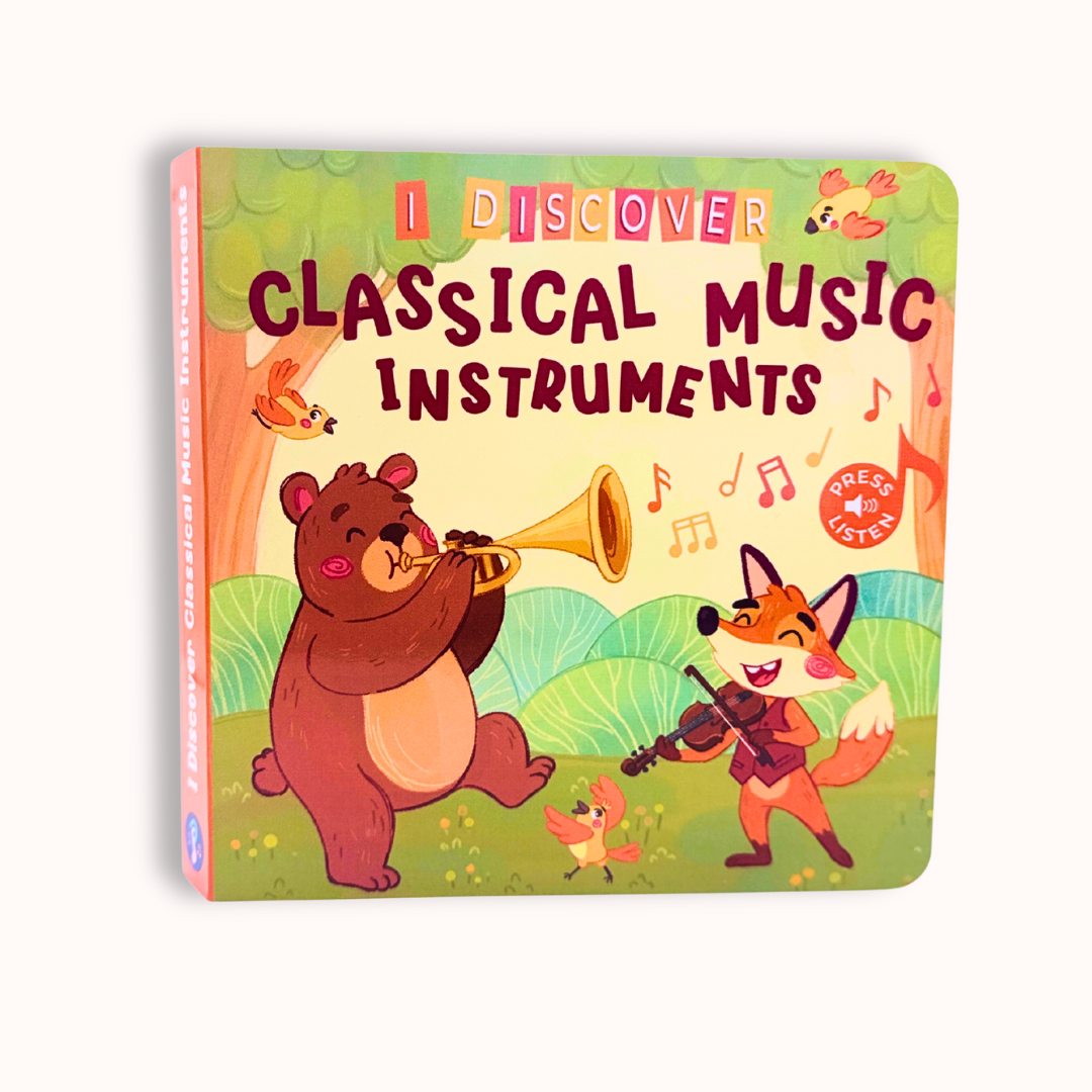 A children's board book titled 'I Discover Classical Music Instruments' featuring a colorful illustration of a bear playing a trumpet and a fox playing a violin on a forest background.