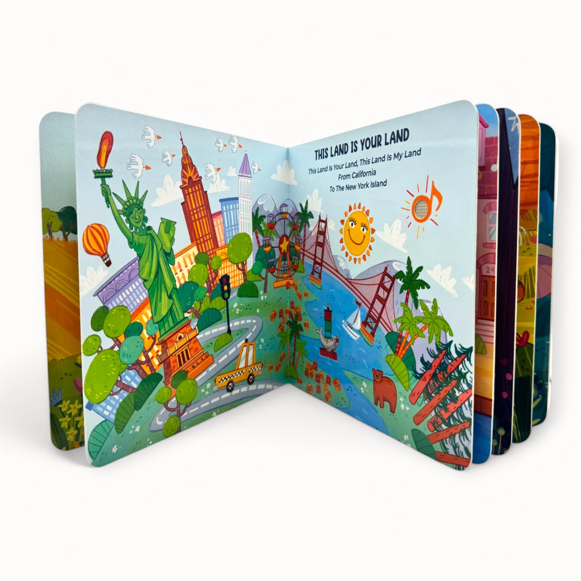 Children's book with colorful illustrations of famous landmarks on a white background