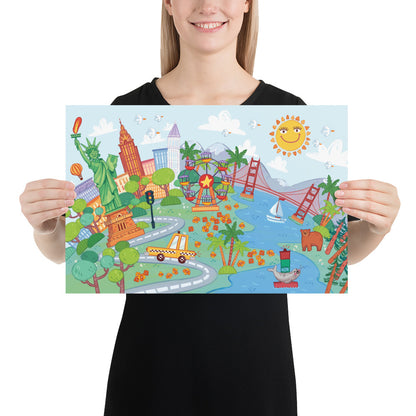 Person holding a colorful illustration of a cityscape with landmarks.